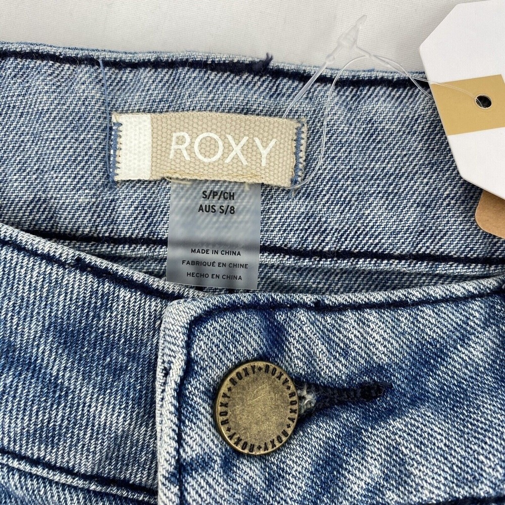 Roxy Java to Lombok Womens Size Small Denim Mini Skirt Blue Raw Hem Logo NEW - Picture 5 of 8